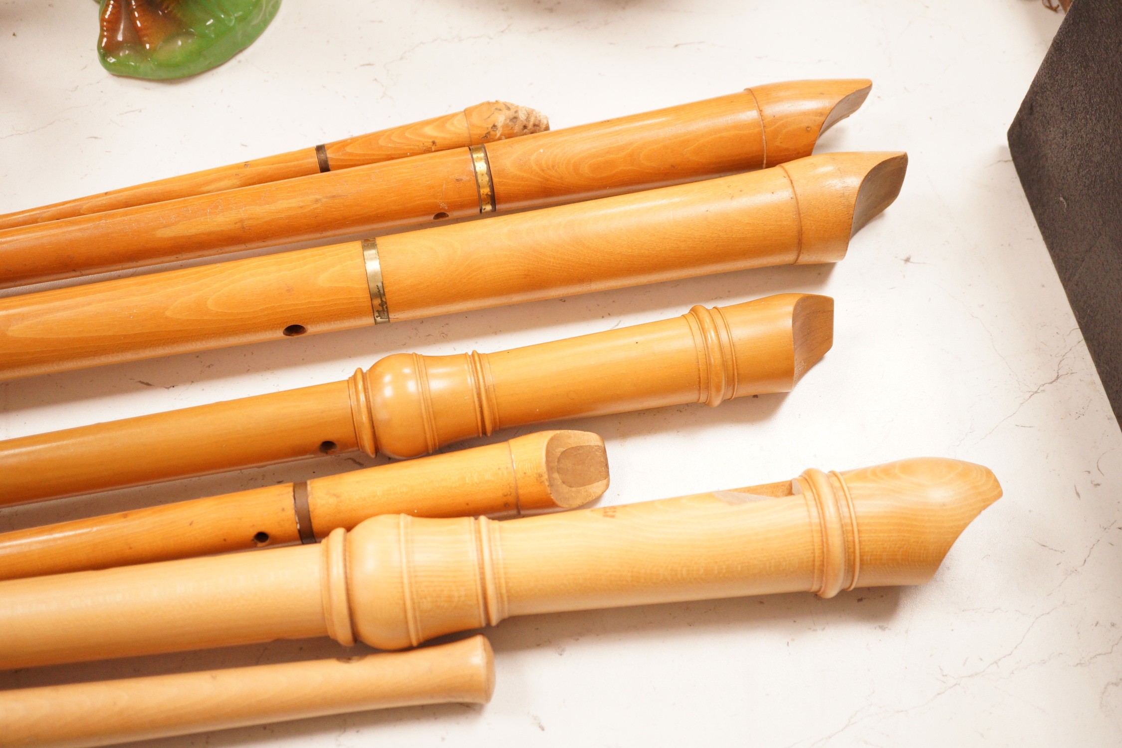 A group of seven recorder wind instruments